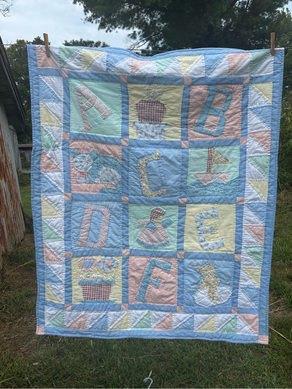 Handmade Pastel Alphabet Baby Quilt - Blue, Pink, Mint, Cream